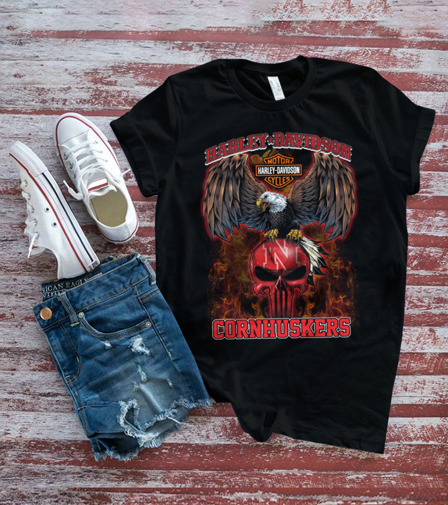 Harley Davidson Eagle Nebraska Cornhuskers Skull Flame T-Shirt