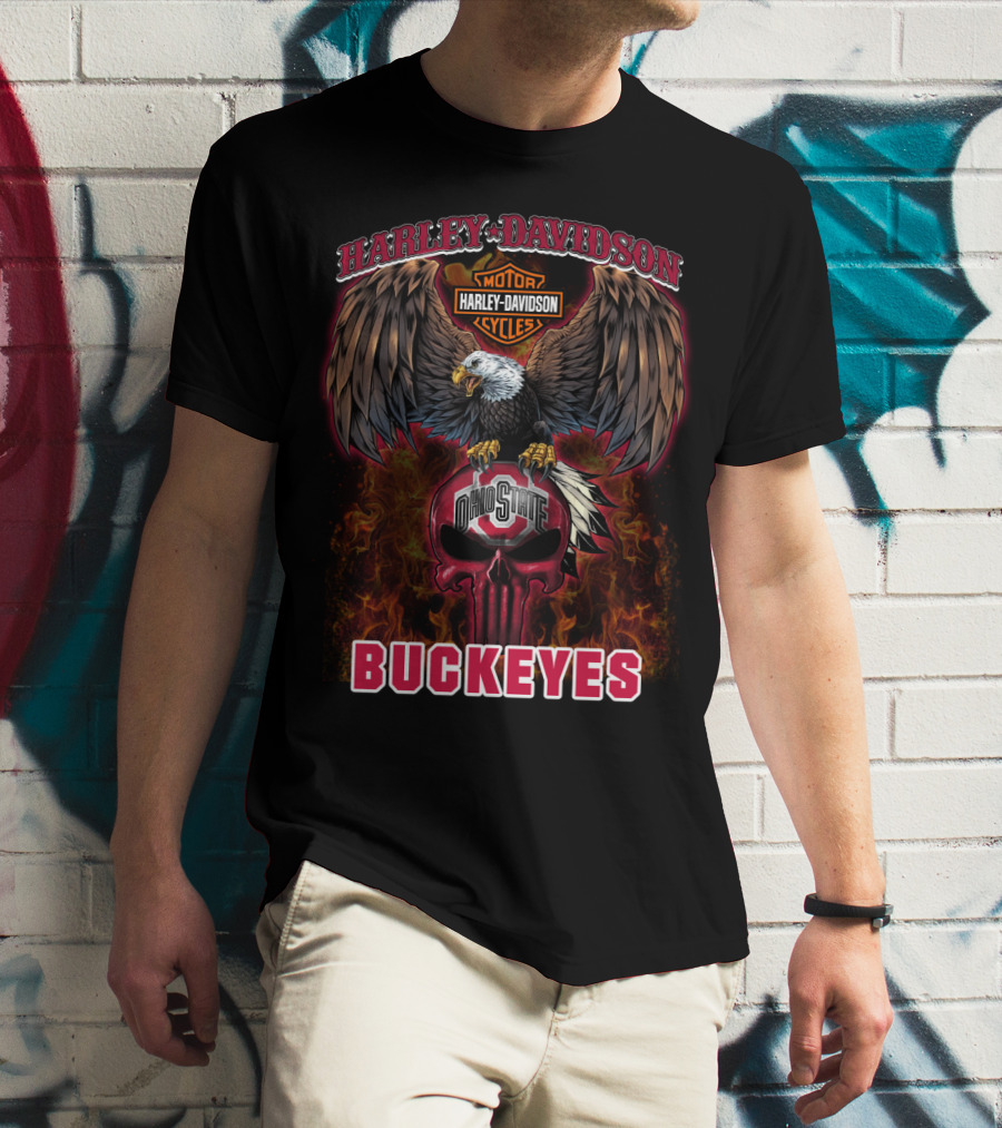 Harley Davidson Ohio State Buckeyes Skull Eagle Flames T-Shirt