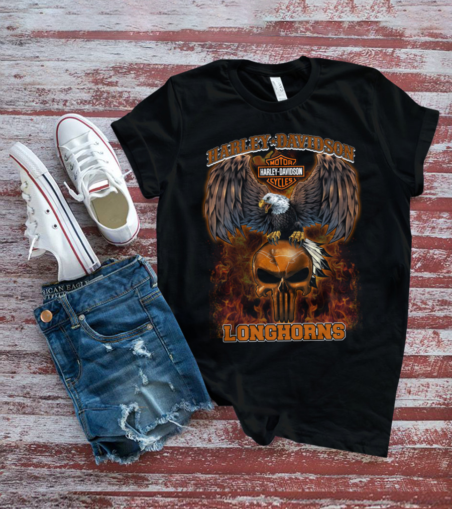 Harley Davidson Motor Cycles Longhorns Eagle Skull T-Shirt