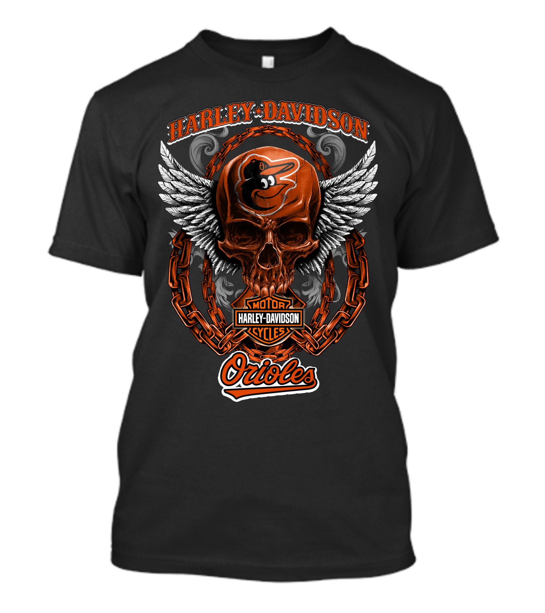Harley Davidson Wings Skull With Baltimore Orioles Logo And Chain Elements T-Shirt
