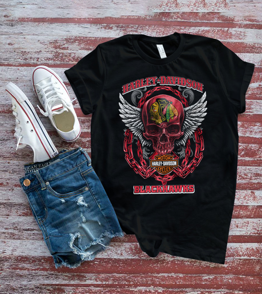 Harley Davidson Blackhawks Nhl Motorcycles Skull Wings Chain T-Shirt