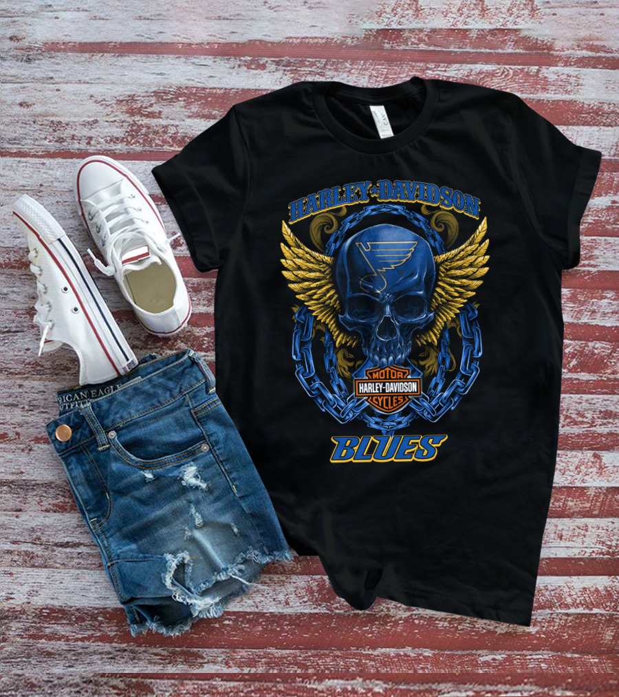 Harley Davidson St Louis Blues Skull With Wings And Chain T-Shirt