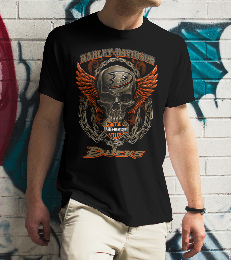 Harley Davidson Anaheim Ducks Nhl Skull Chains Wings T-Shirt