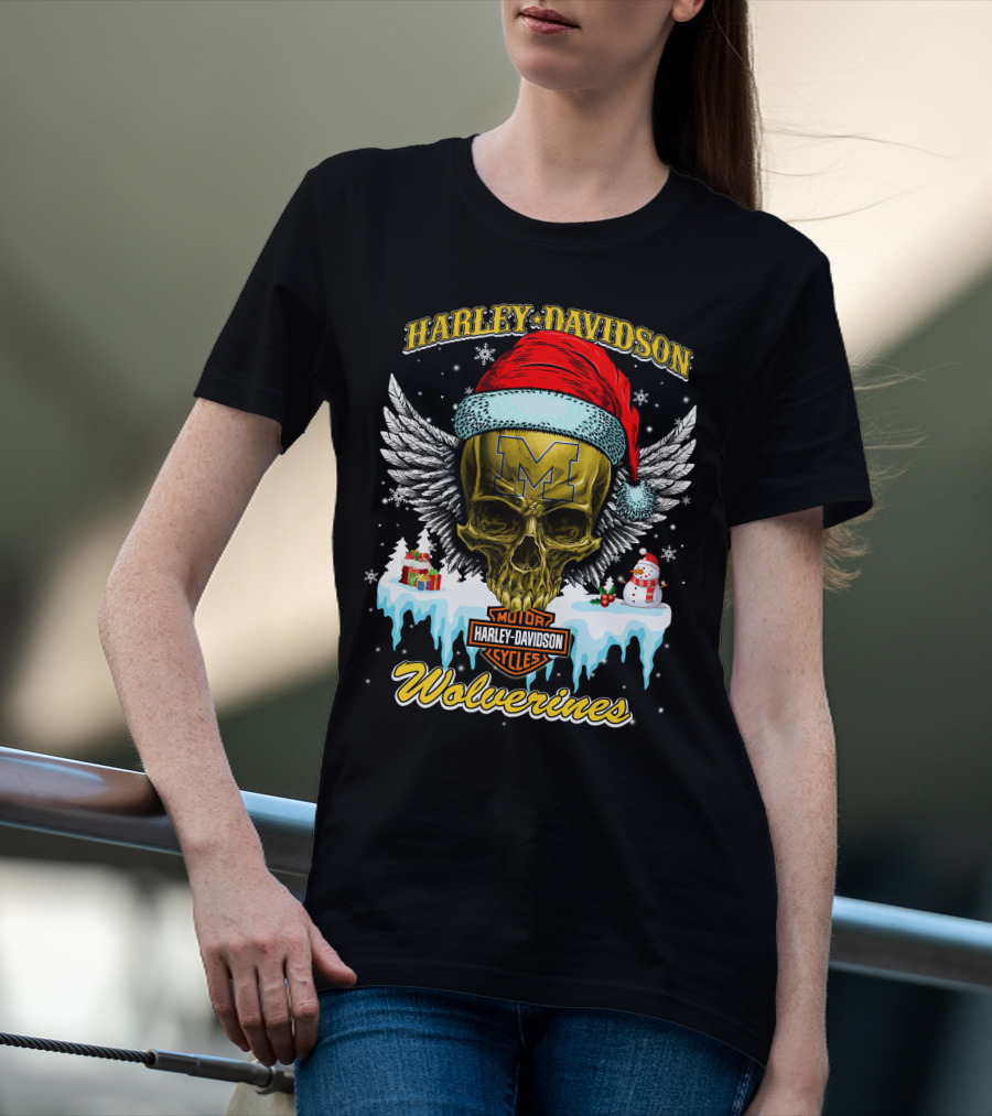 Harley Davidson Michigan Wolverines Skull Santa Hat Snowflake T-Shirt