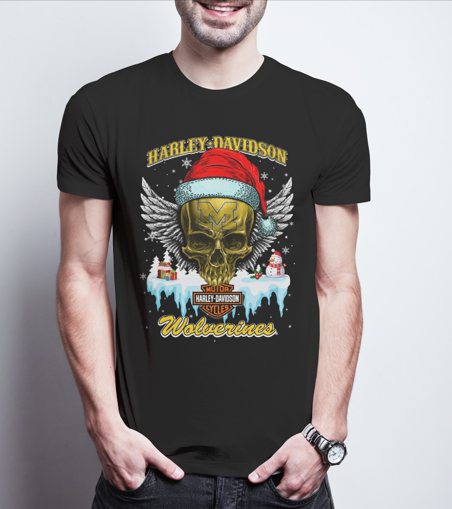 Harley Davidson Michigan Wolverines Skull Santa Hat Snowflake T-Shirt