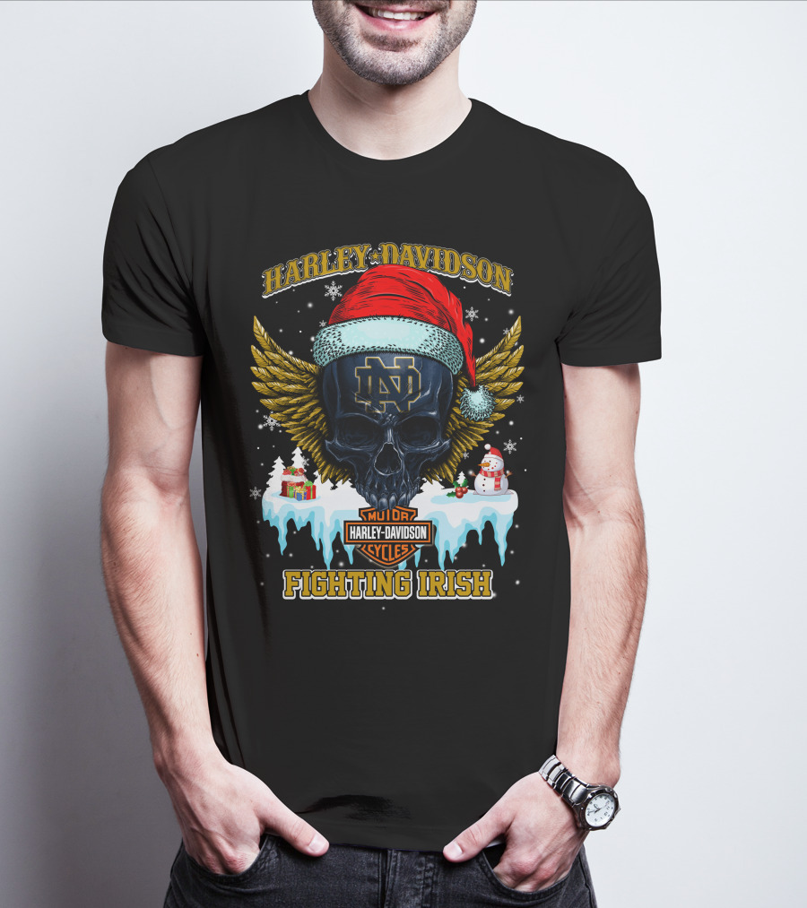 Harley Davidson Notre Dame Fighting Irish Santa Skull T-Shirt