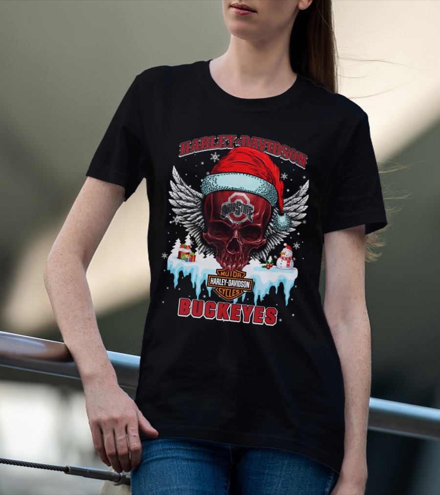 Harley Davidson Ohio State Buckeyes Motorcycles Cycles Santa Skull Wings Snowman T-Shirt