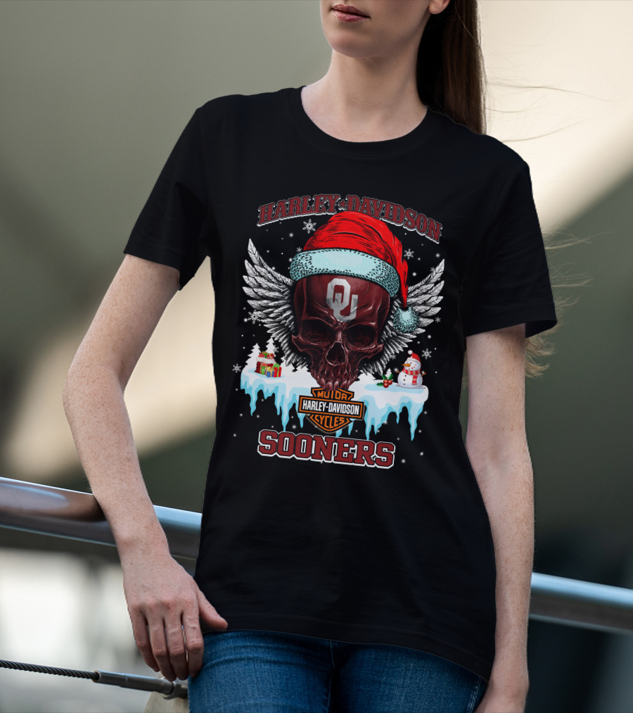Harley Davidson Oklahoma Sooners Christmas Skull Wings T-Shirt