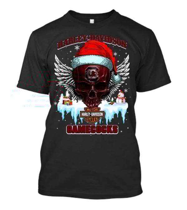 Harley Davidson Gamecocks Christmas Skull With Santa Hat And Snowman T-Shirt