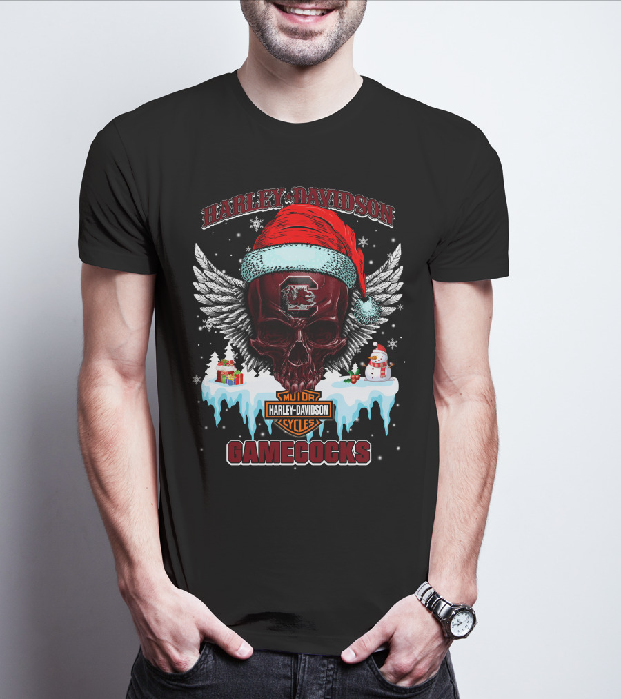 Harley Davidson Gamecocks Christmas Skull With Santa Hat And Snowman T-Shirt