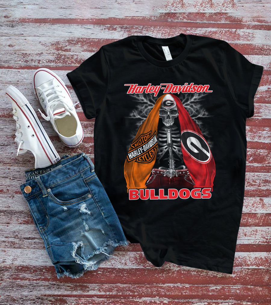 Harley Davidson Georgia Bulldogs Skeleton Lightning Motorcycles T-Shirt