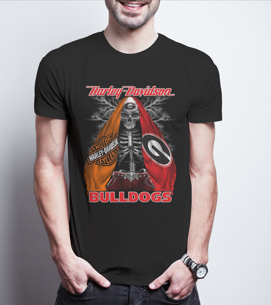 Harley Davidson Georgia Bulldogs Skeleton Lightning Motorcycles T-Shirt