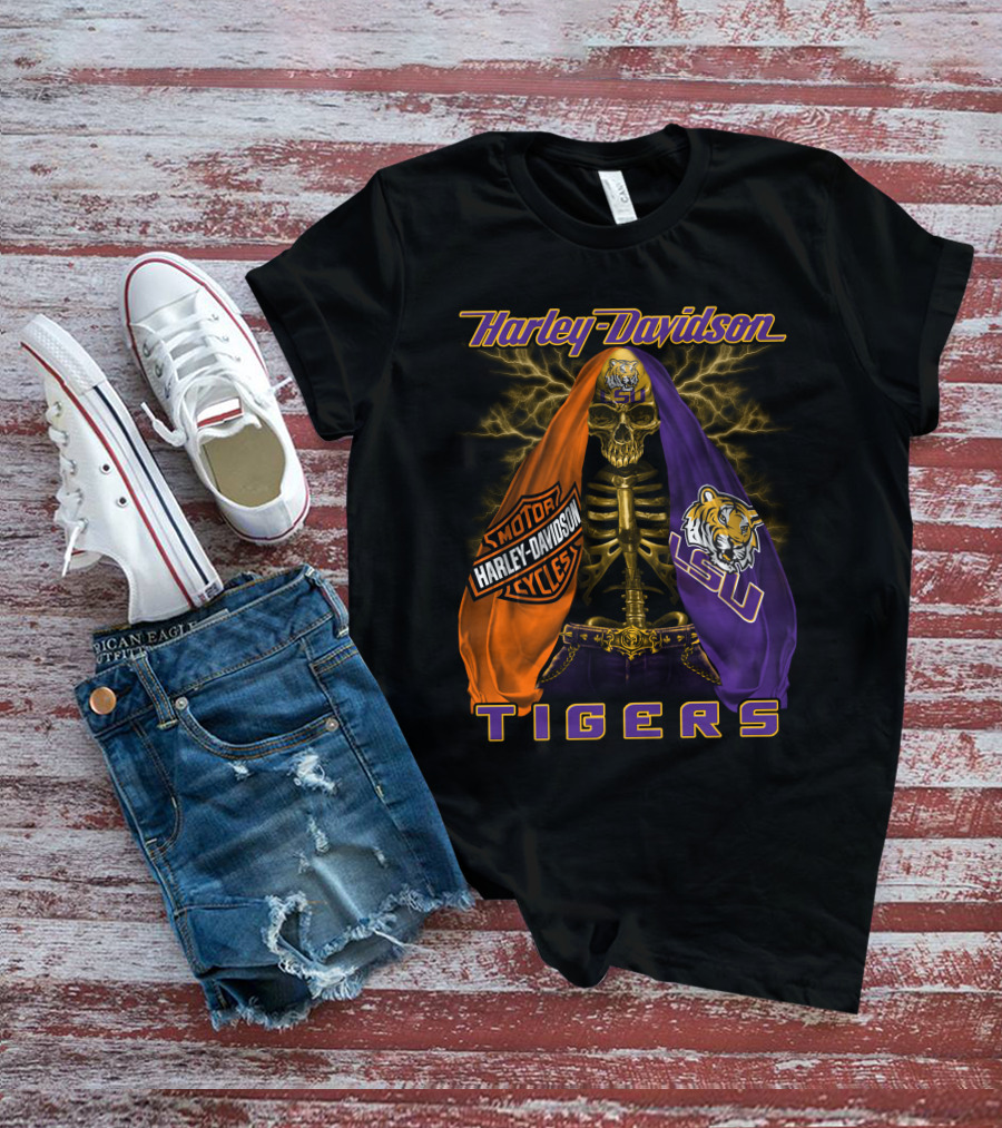 Harley Davidson Lsu Tigers Skeleton Motorcycles T-Shirt