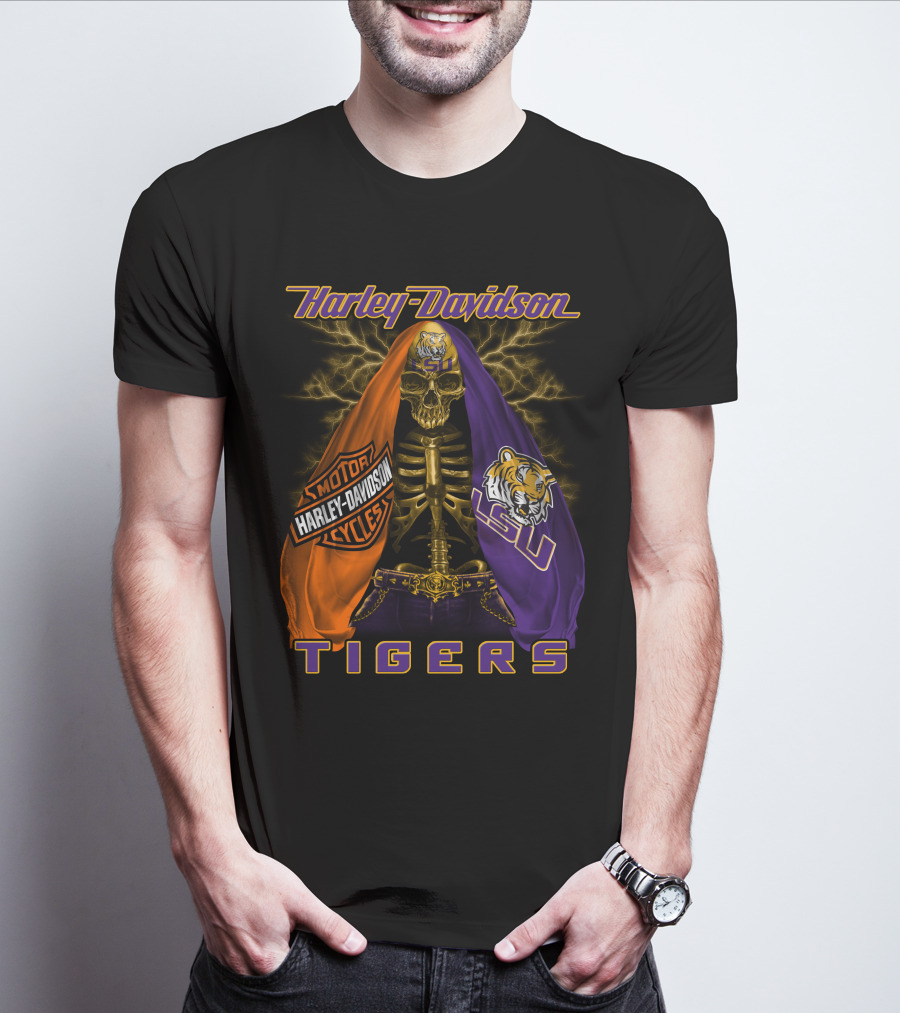 Harley Davidson Lsu Tigers Skeleton Motorcycles T-Shirt