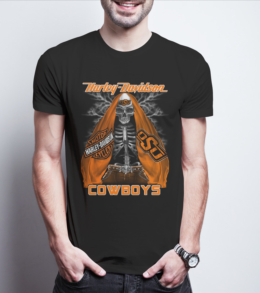 Harley Davidson Oklahoma State Cowboys Skeleton Osu Motorcycle T-Shirt