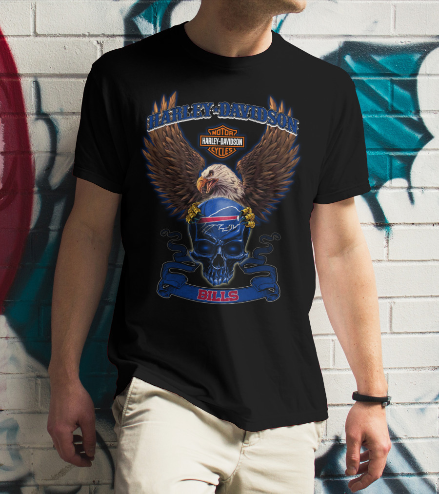 Harley Davidson Motor Cycles Eagle Skull Buffalo Bills T-Shirt