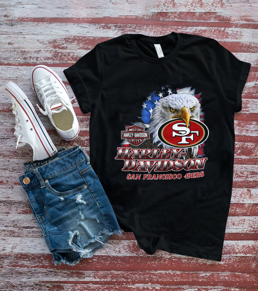 Harley Davidson San Francisco 49ers Nfl Eagles Logo With American Flag T-Shirt