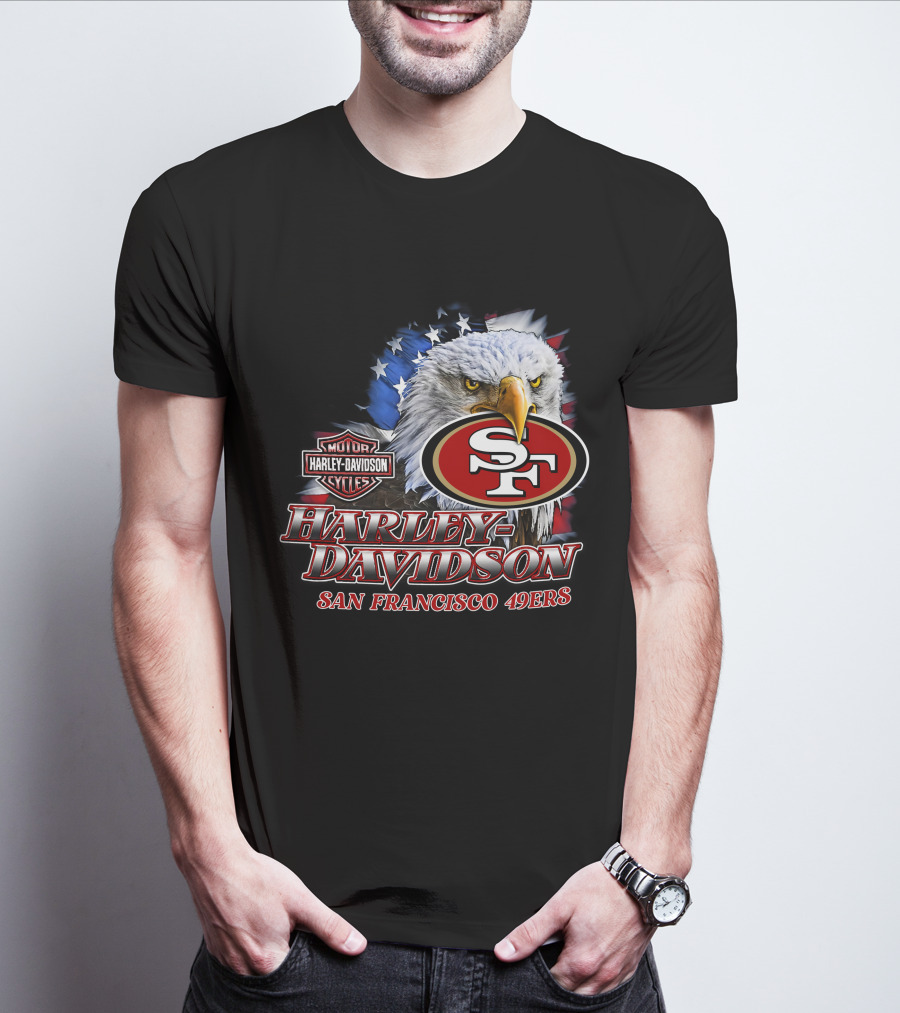 Harley Davidson San Francisco 49ers Nfl Eagles Logo With American Flag T-Shirt