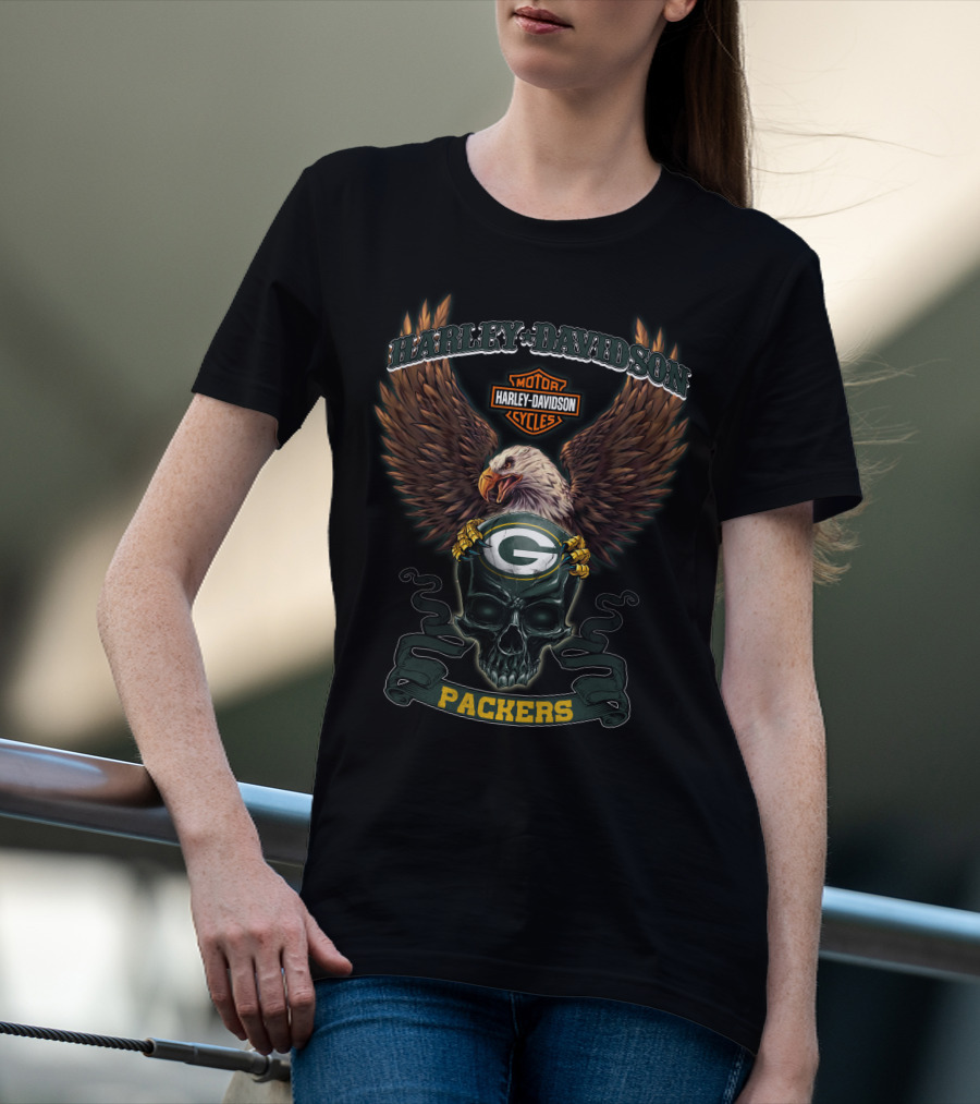 Harley Davidson Motor Cycles Nfl Green Bay Packers Eagle Skull T-Shirt