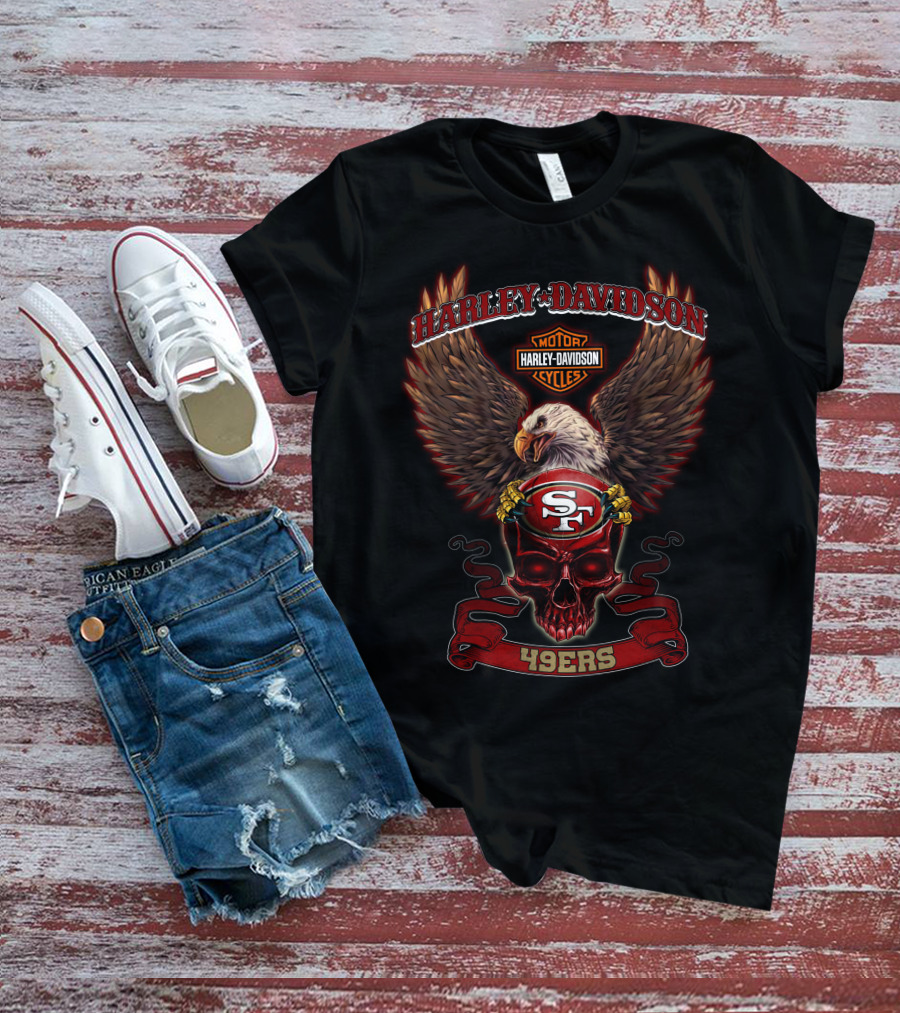 Harley Davidson Motor Cycles San Francisco 49ers Eagle Skull 49ers T-Shirt
