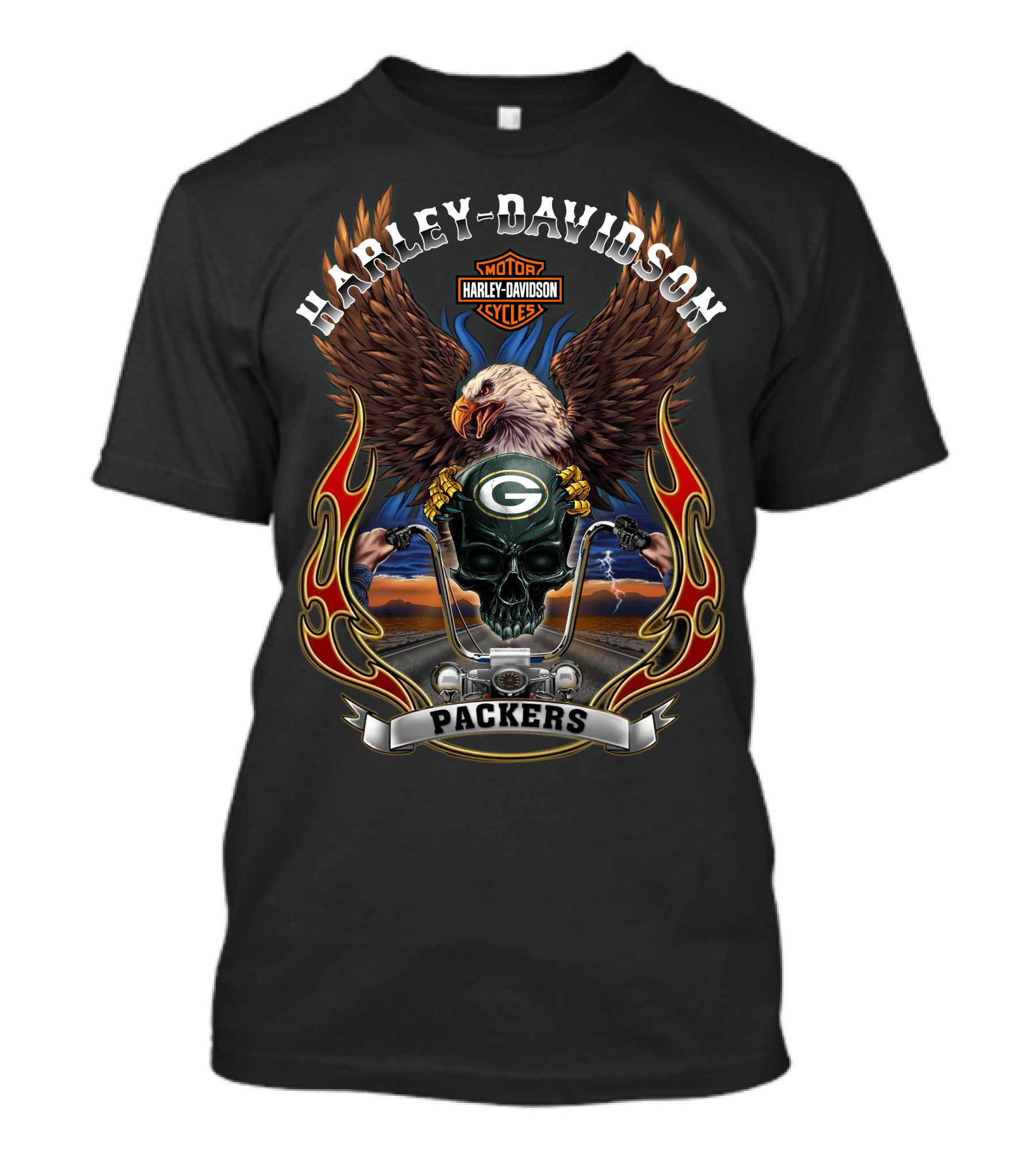 Harley Davidson Motor Cycles Packers Green Bay Eagle Skull T-Shirt