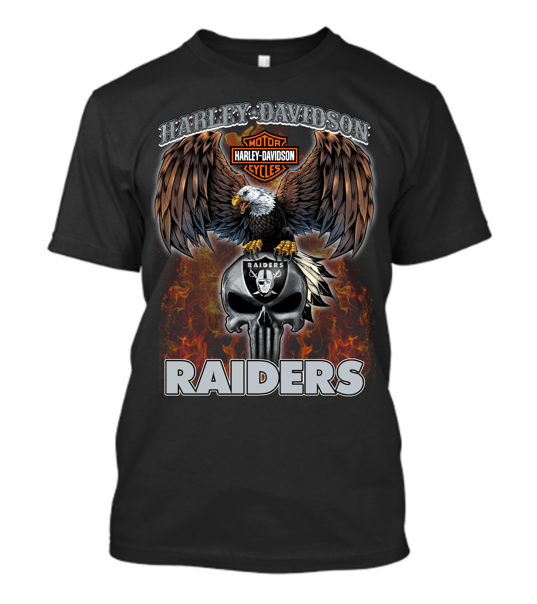 Harley Davidson Motor Cycles Raiders Nfl Eagle Skull Flames T-Shirt