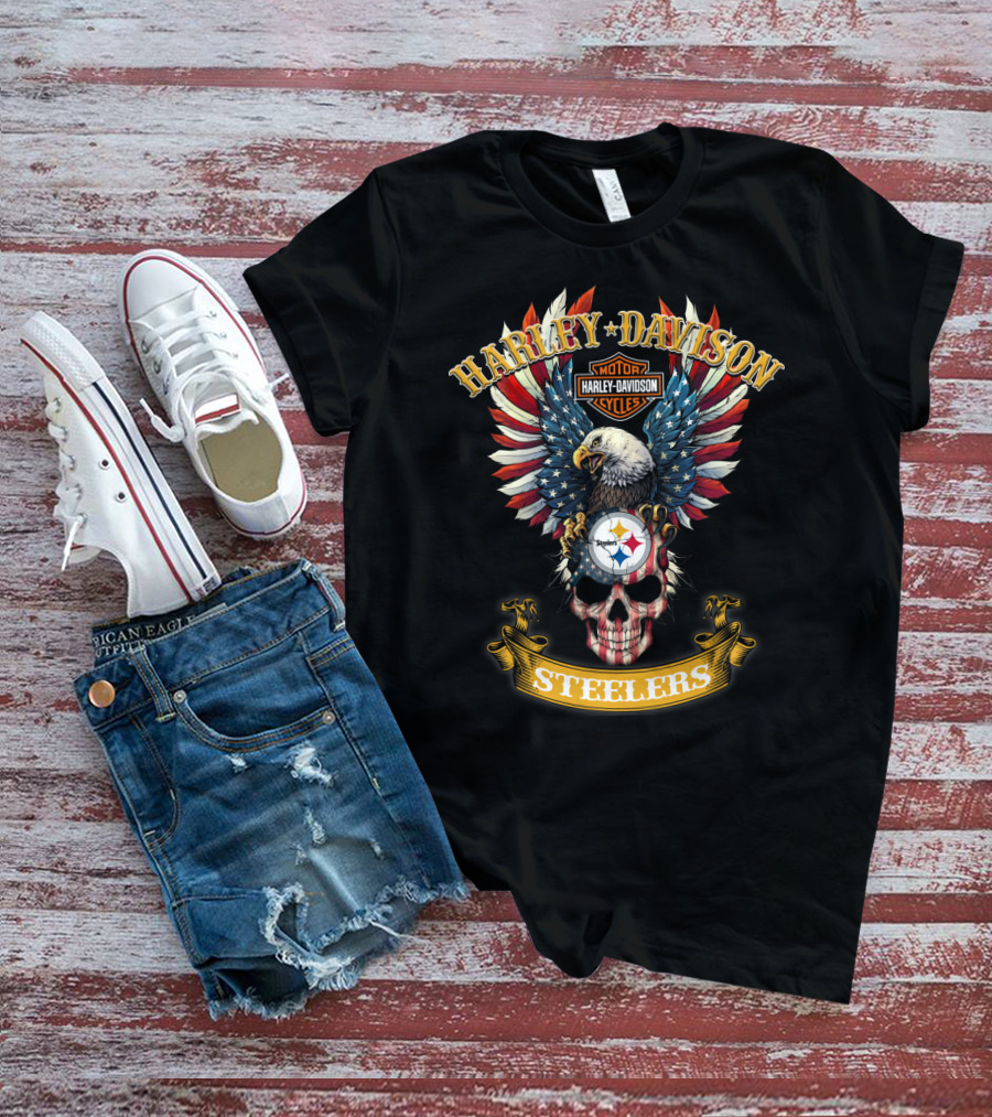 Harley Davidson Pittsburgh Steelers Motorcycle Cycles American Eagle Skull T-Shirt