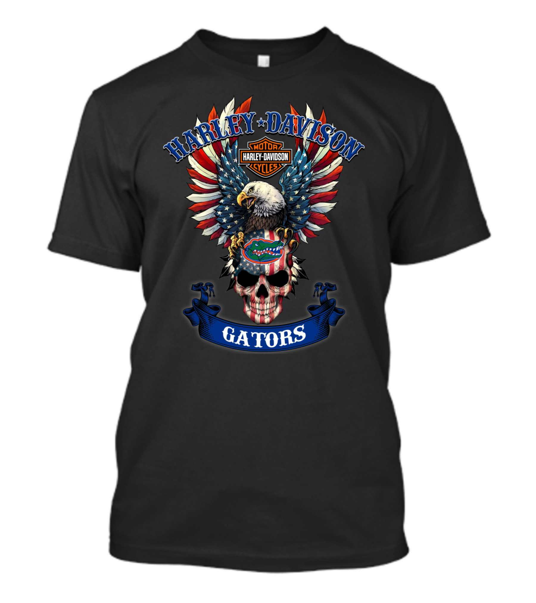 Harley Davidson Motor Cycles Gators Bald Eagle American Flag Skull T-Shirt