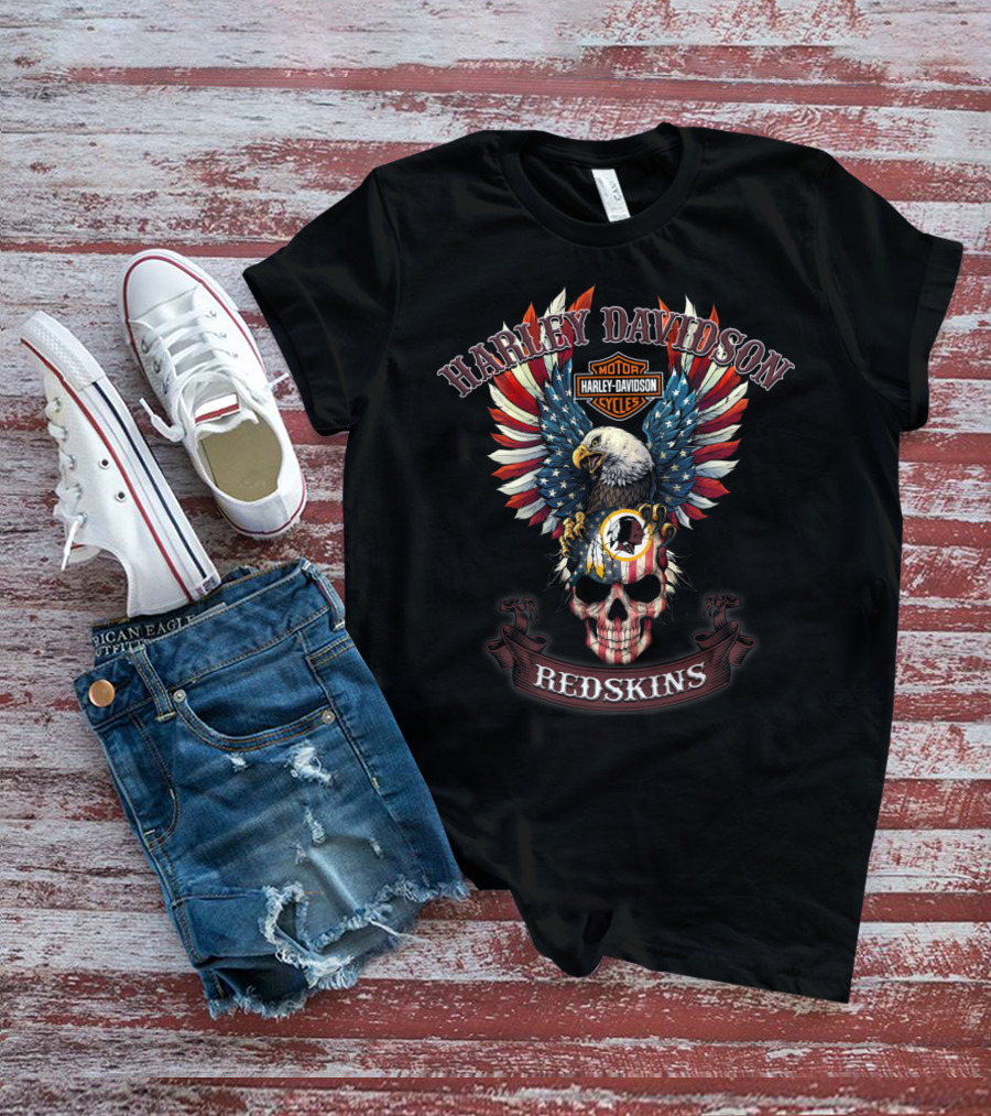 Harley Davidson Motor Cycles Redskins Eagle Skull T-Shirt