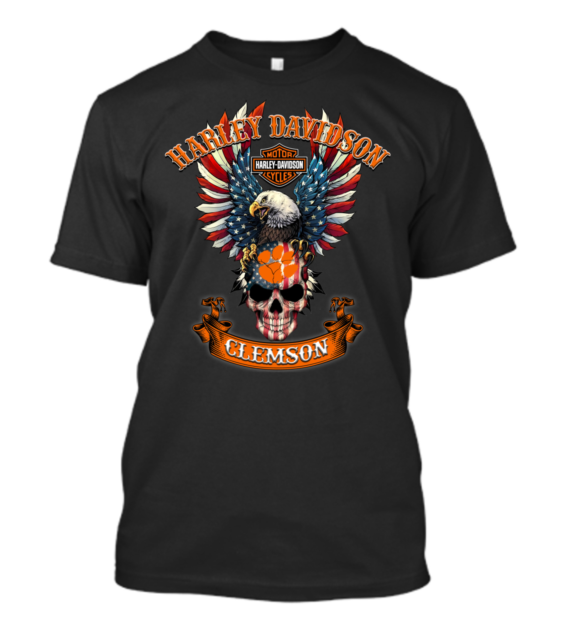 Harley Davidson Motor Cycles Eagle Skull American Flag Clemson T-Shirt