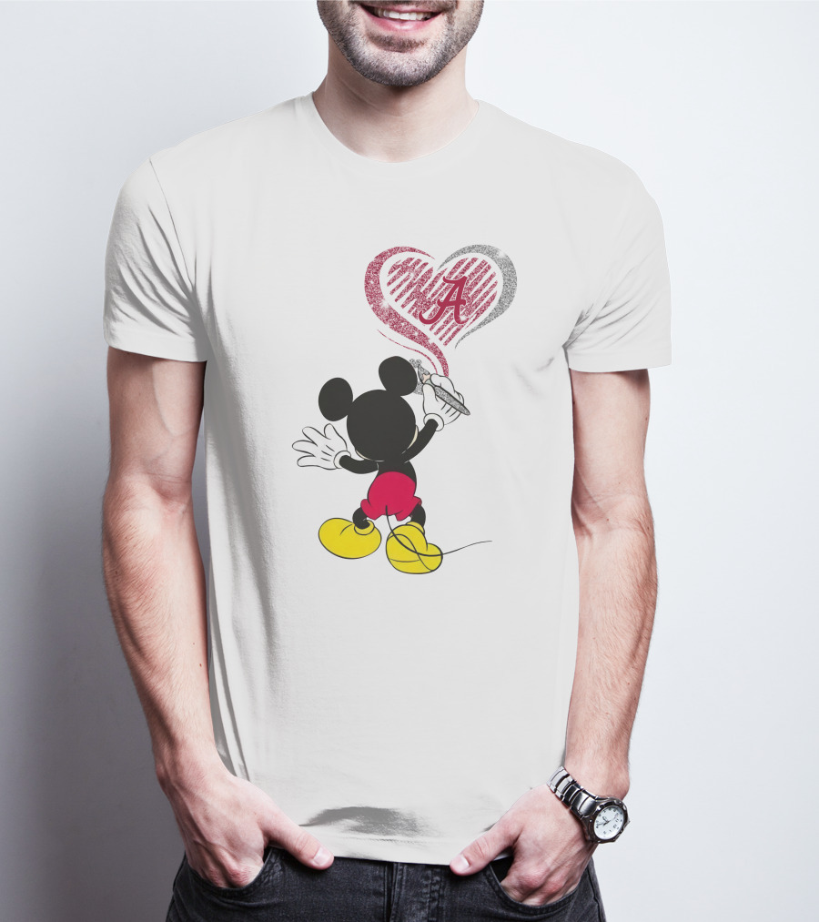 Mickey Mouse Drawing Alabama Crimson Tide Heart T-Shirt