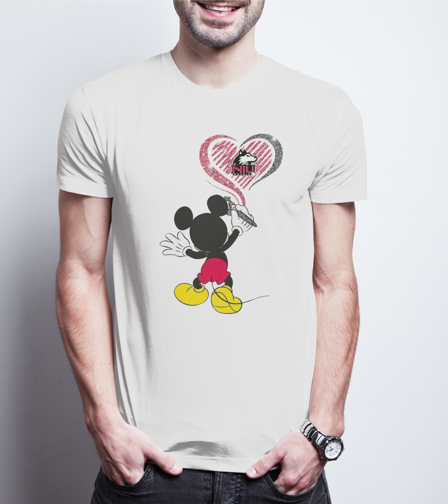 Mickey Mouse Drawing Northern Illinois University Huskies Logo In Heart Shape T-Shirt