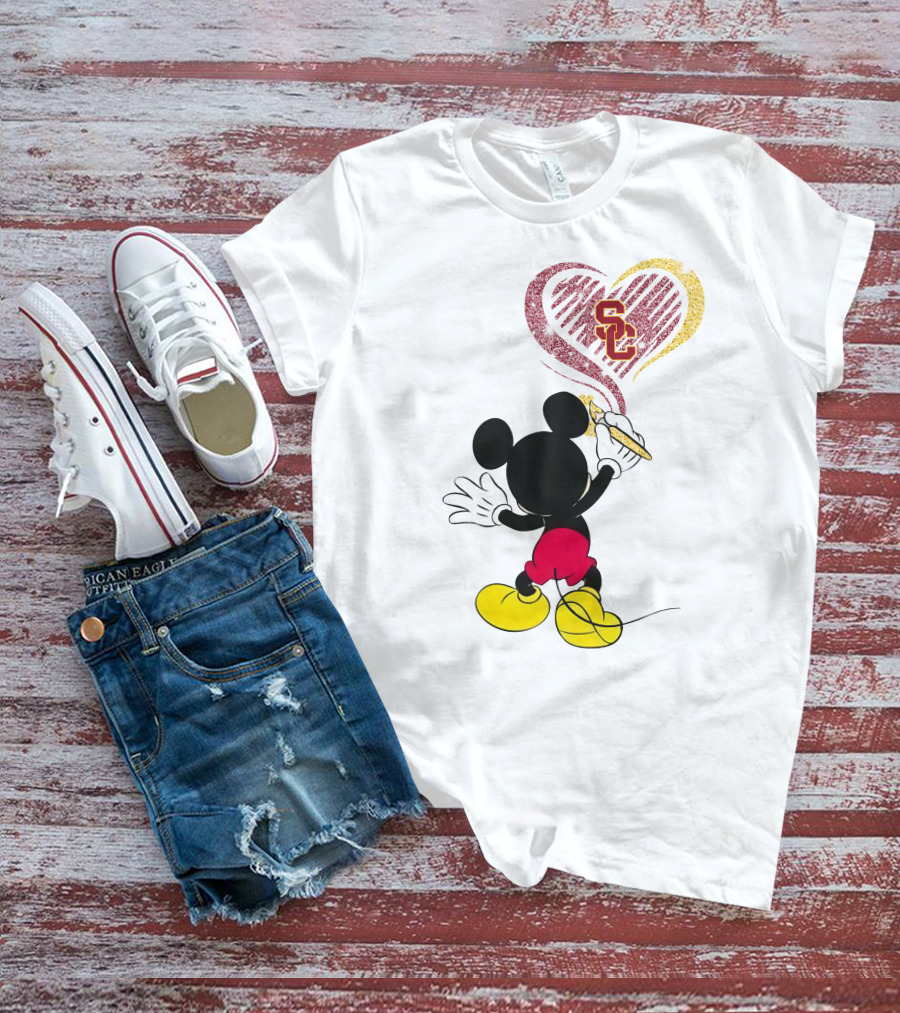 Mickey Mouse Drawing Heart With Usc Trojans T-Shirt
