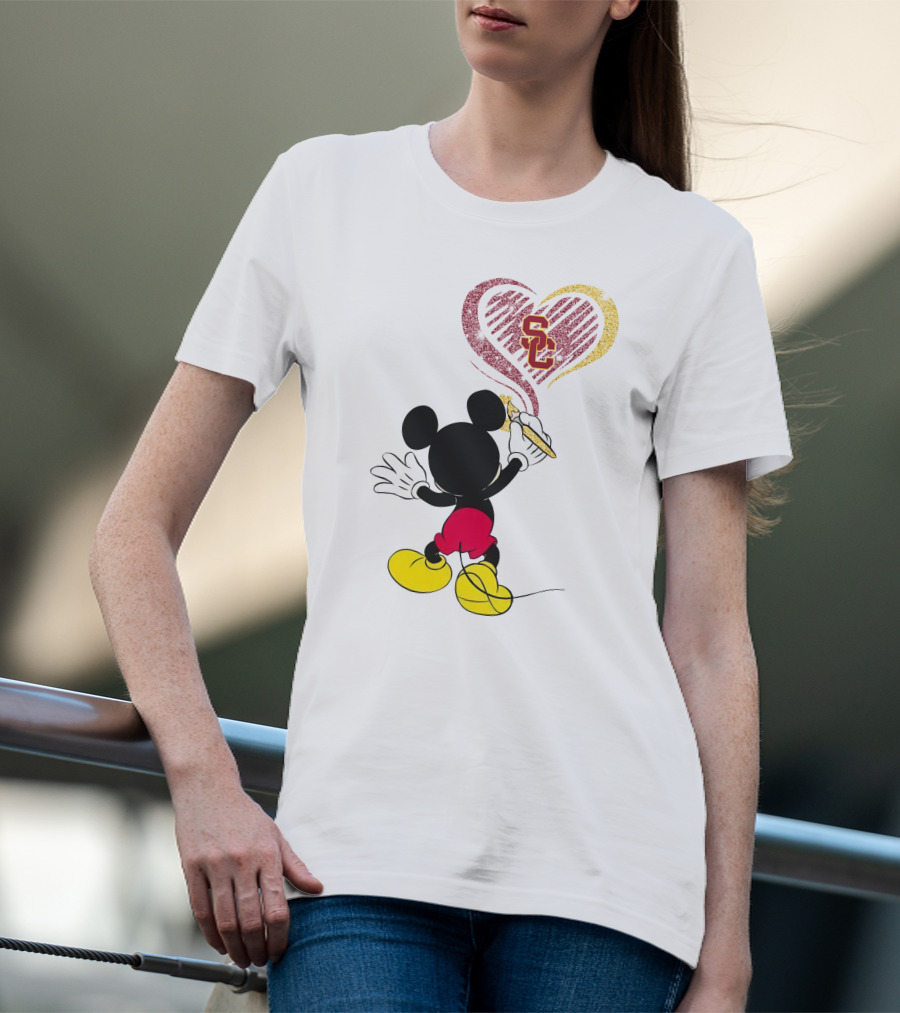 Mickey Mouse Drawing Heart With Usc Trojans T-Shirt