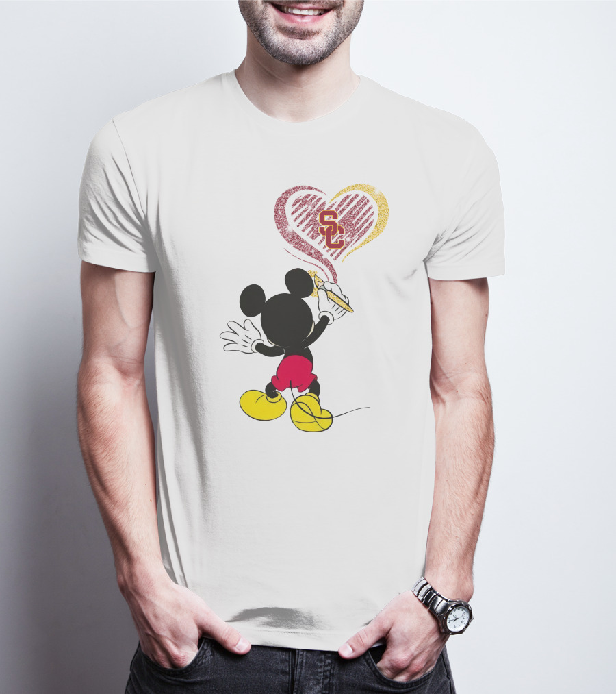 Mickey Mouse Drawing Heart With Usc Trojans T-Shirt