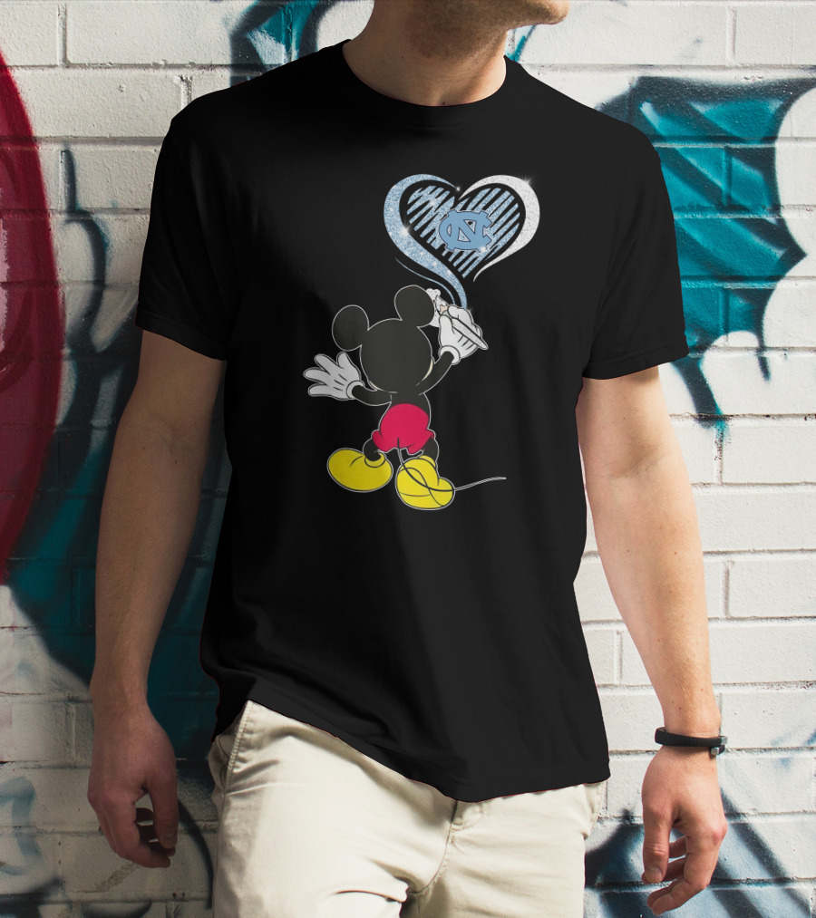 Mickey Mouse Drawing North Carolina Tar Heels In Heart Shape T-Shirt