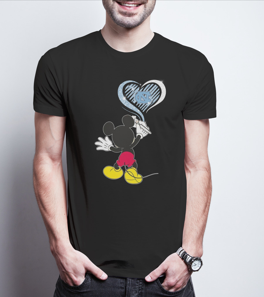 Mickey Mouse Drawing North Carolina Tar Heels In Heart Shape T-Shirt