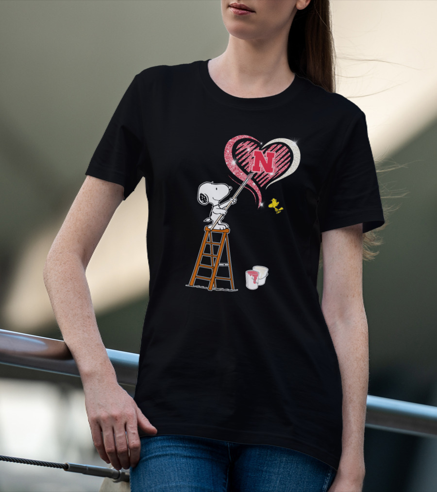 Snoopy Nebraska Huskers Heart Painting Woodstock Collaboration T-Shirt