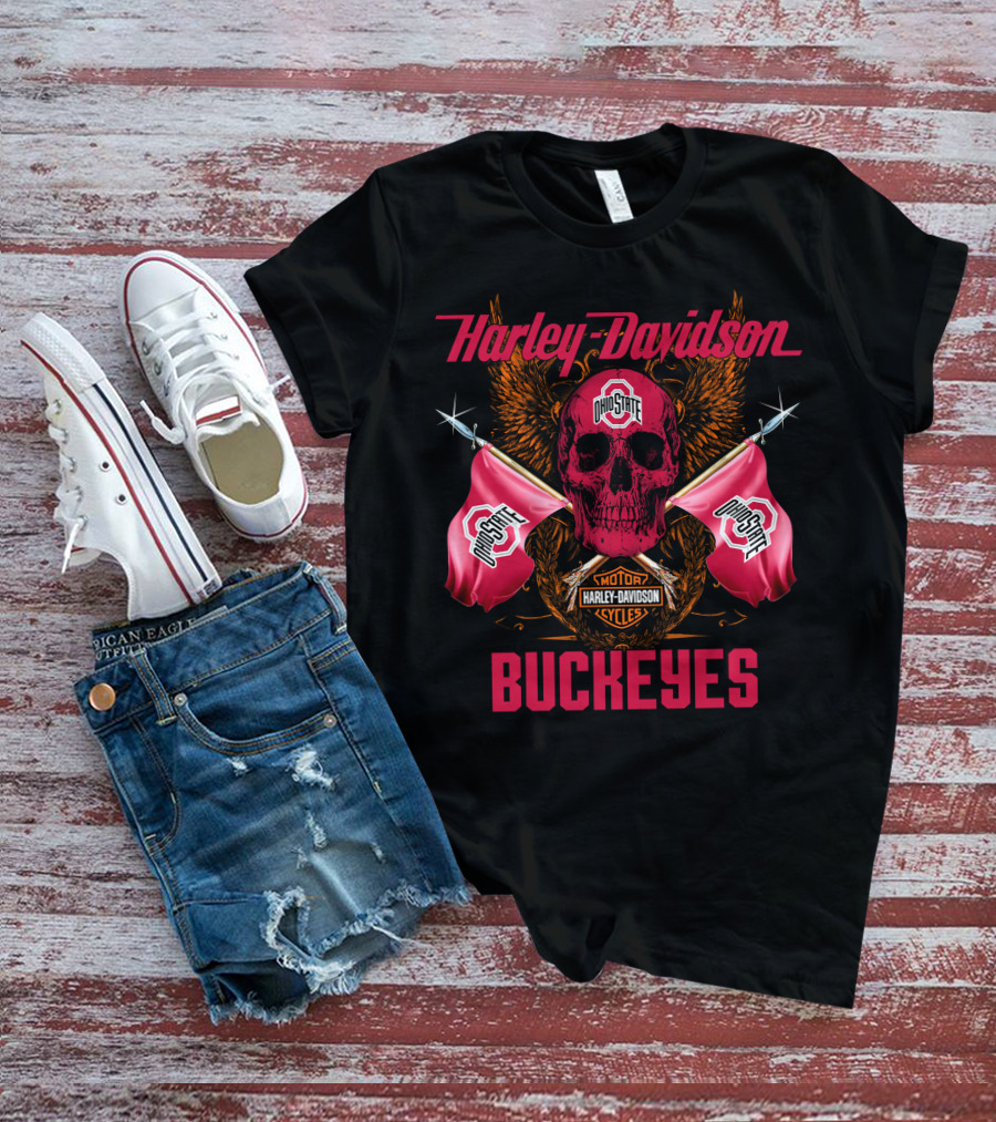 Harley Davidson Ohio State Buckeyes Skull Flag Fan T-Shirt