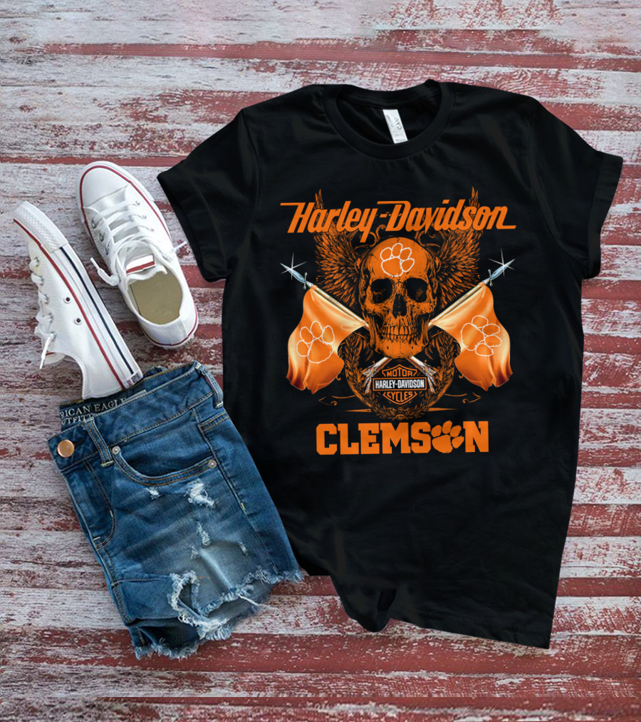 Harley Davidson Clemson Skull With Orange Flags And Paw Print T-Shirt