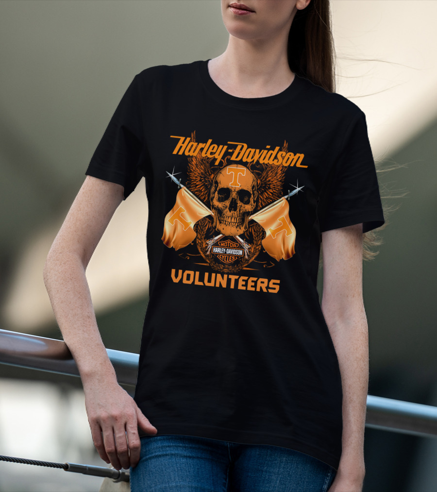 Harley Davidson Volunteers Skull Orange Flags Winged T-Shirt