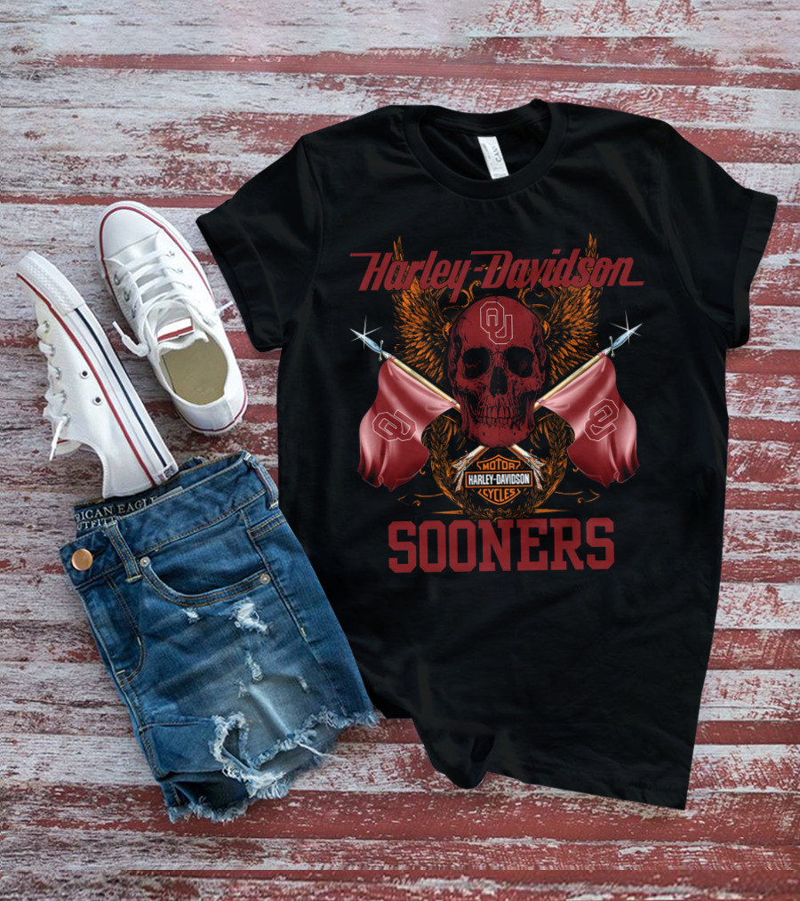 Harley Davidson Sooners Skull Flags Oklahoma University T-Shirt