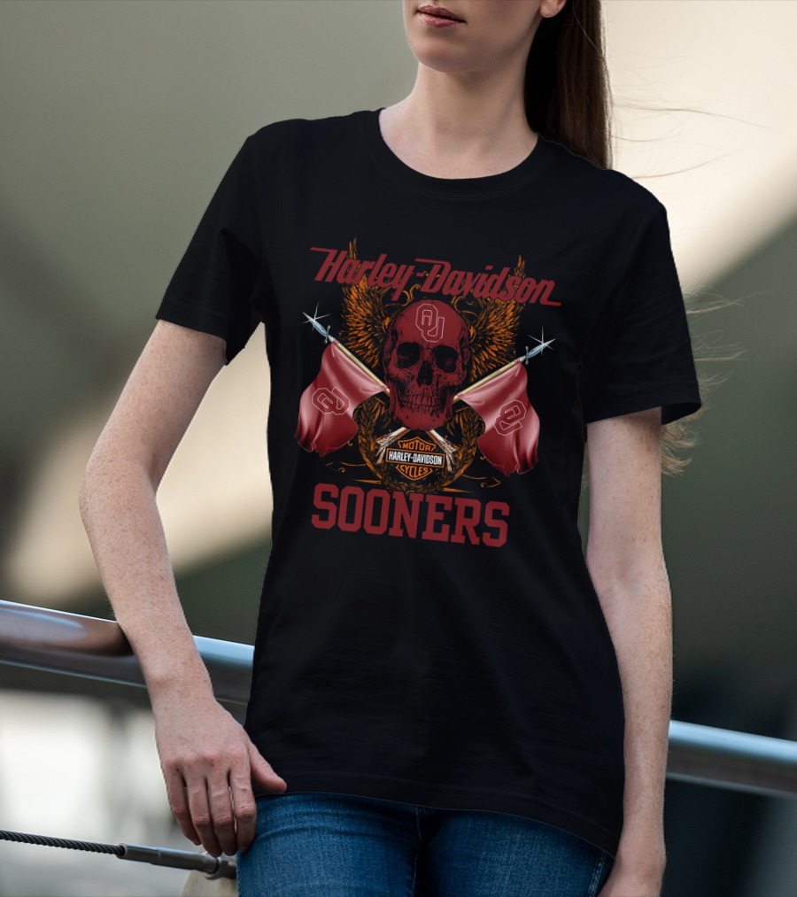 Harley Davidson Sooners Skull Flags Oklahoma University T-Shirt