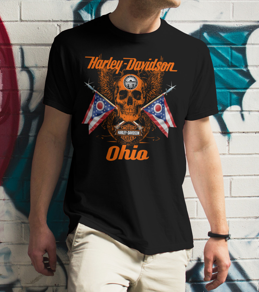 Harley Davidson Ohio Skull With Flags And Wings T-Shirt