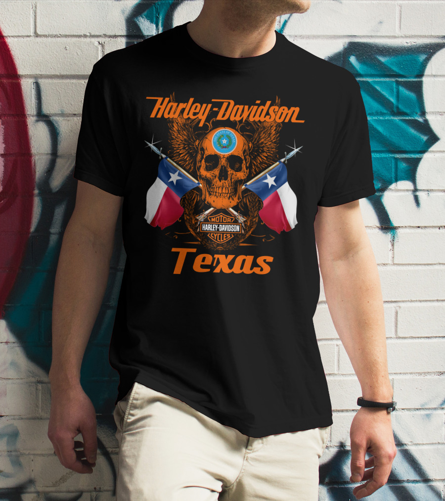 Harley Davidson Texas Skull And Crossed Flags With State Seal And Cycles T-Shirt