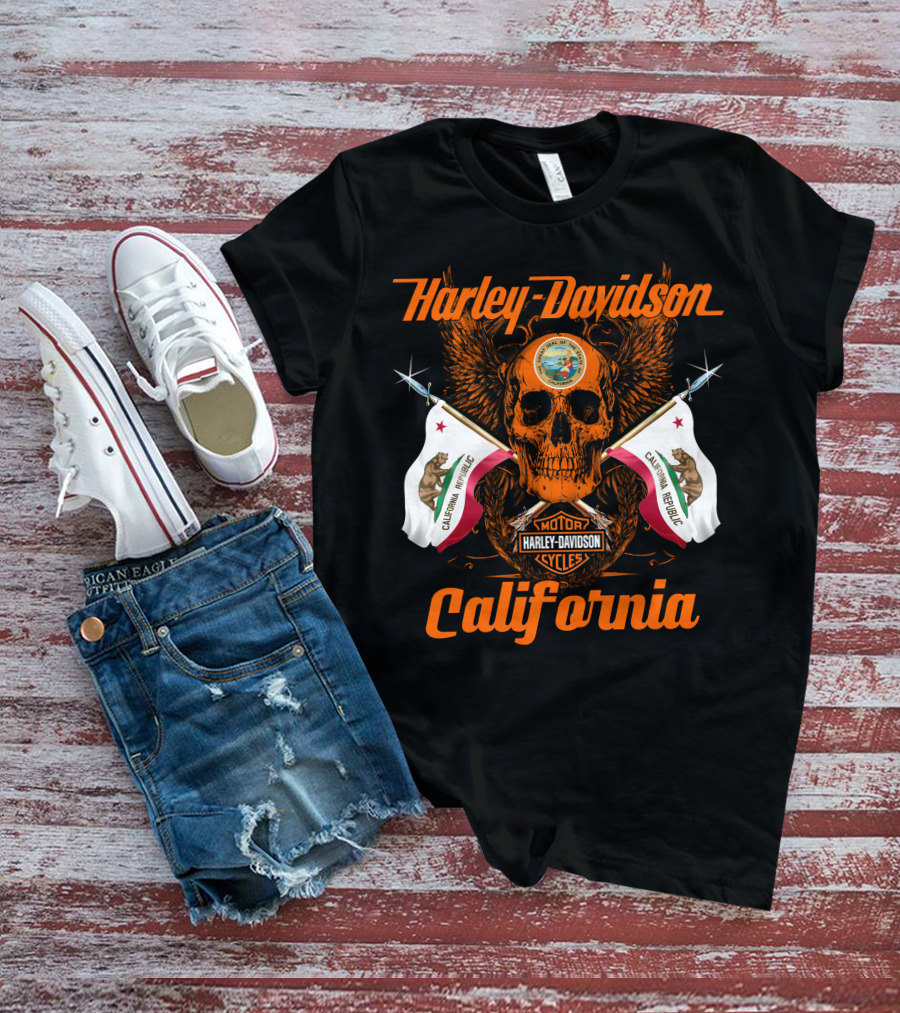 Harley Davidson California Republic Skull And Flags T-Shirt