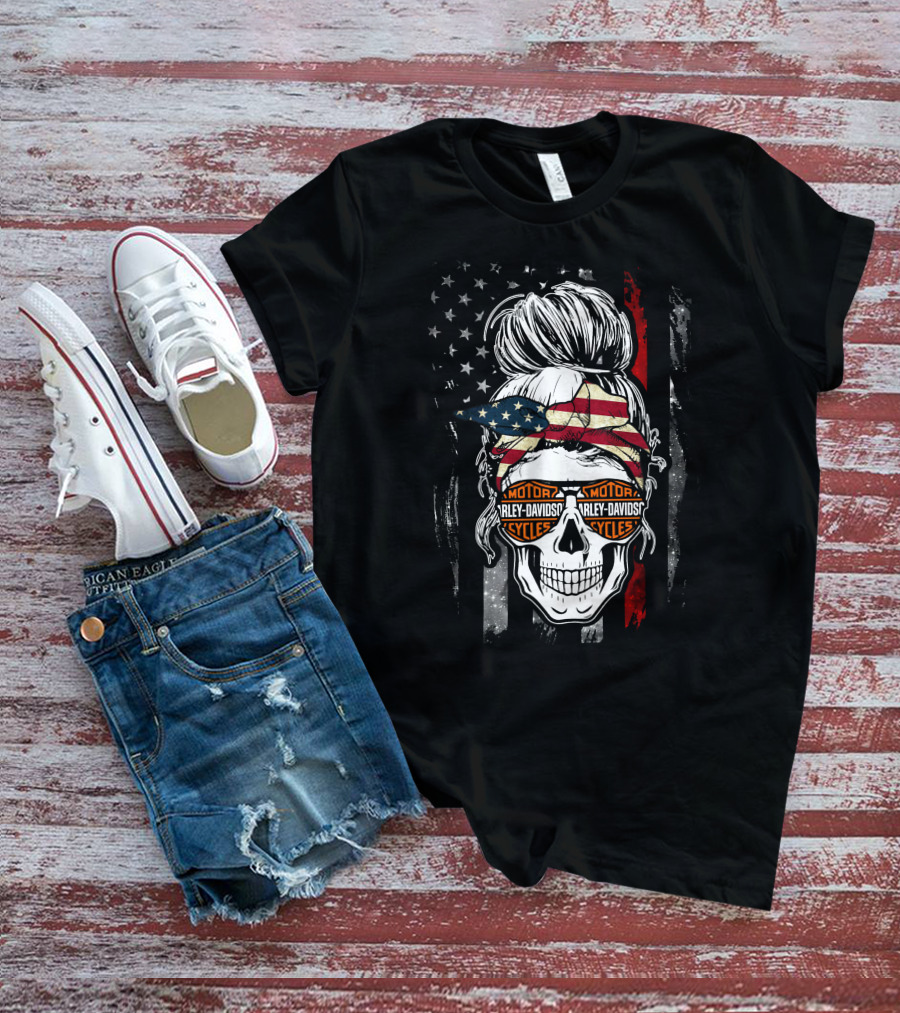 Harley Davidson Skull With American Flag Bandana And Sunglasses T-Shirt