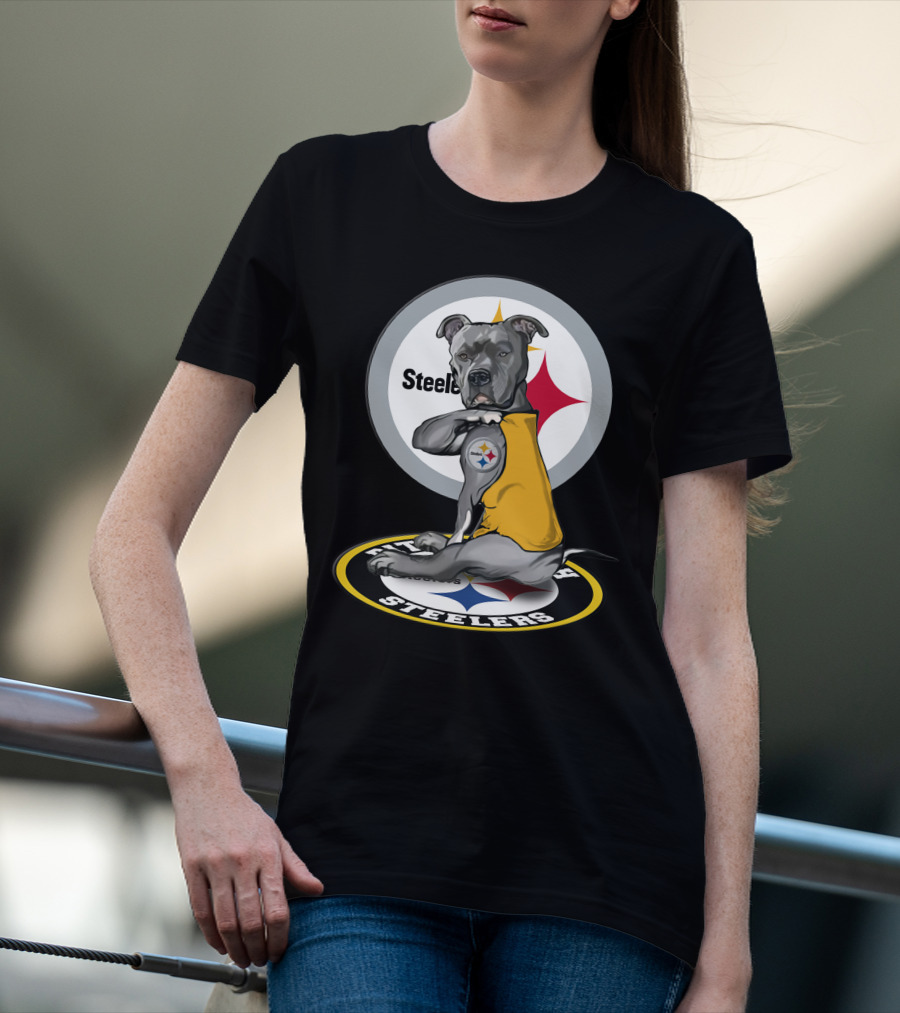 Pittsburgh Steelers Dog With Logo Tattoo And Yellow Vest T-Shirt