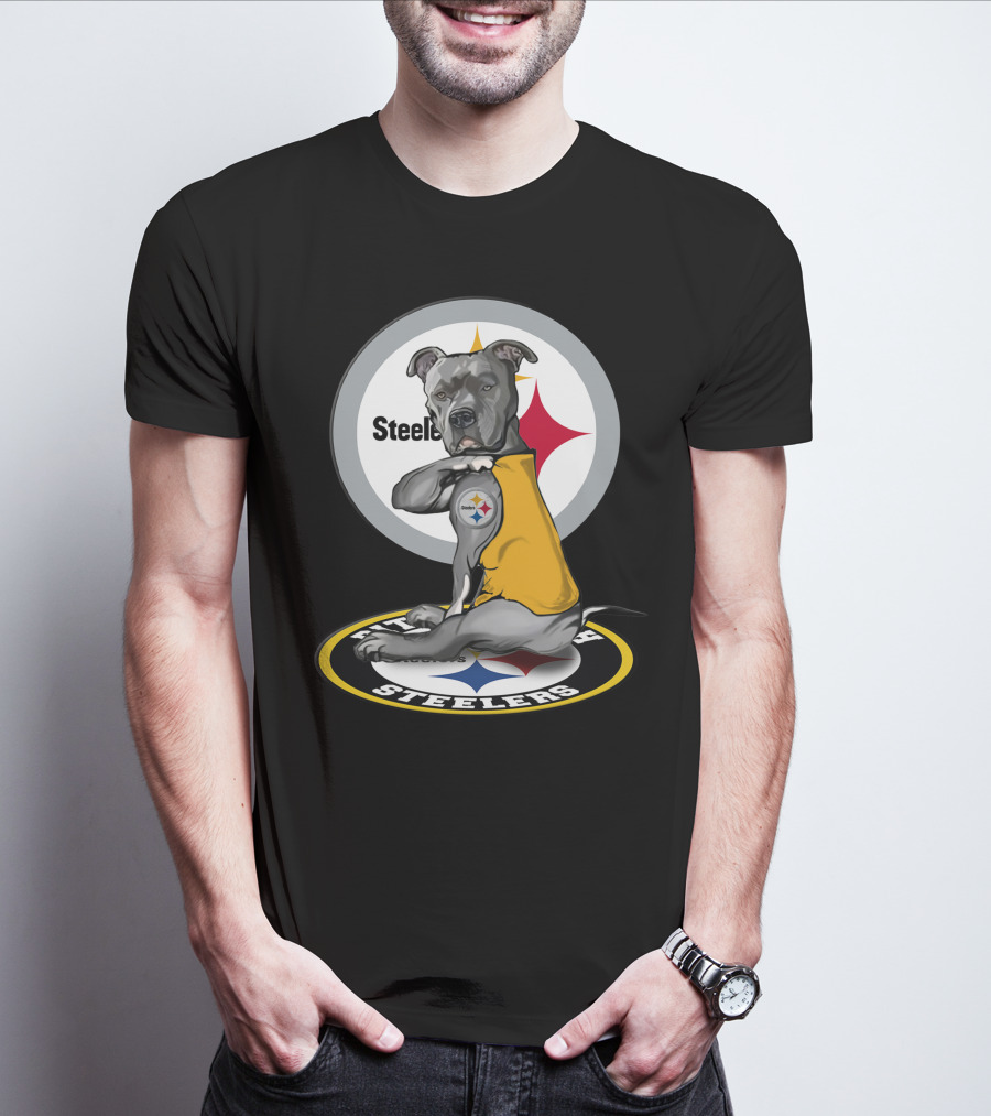 Pittsburgh Steelers Dog With Logo Tattoo And Yellow Vest T-Shirt