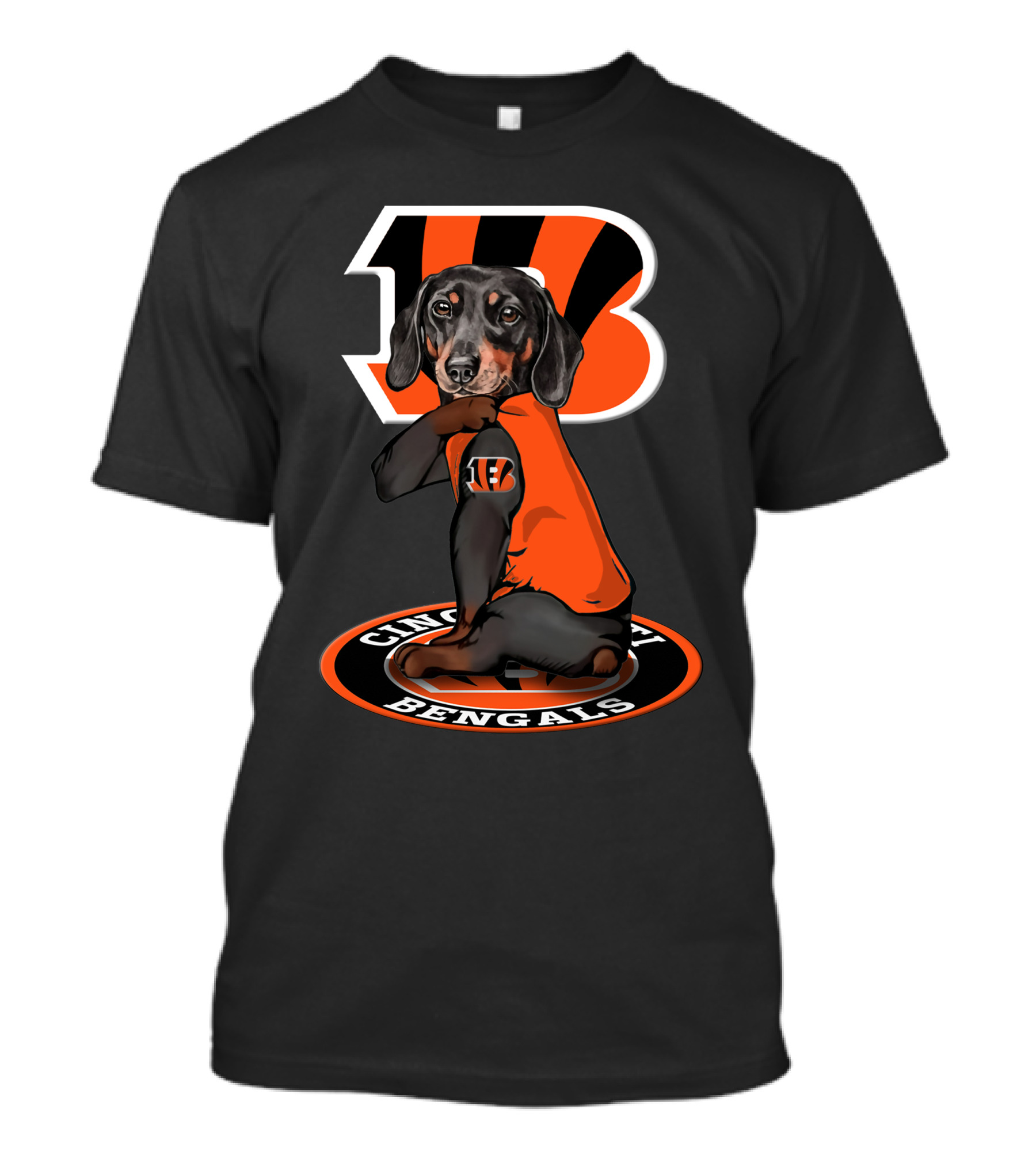 Cincinnati Bengals Dachshund In Team Jersey With Bengals T-Shirt